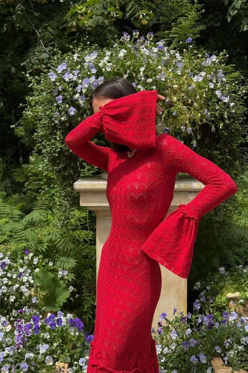 Anna Yuvarlak Yaka Kloş Manşetli Örme Uzun Elbise