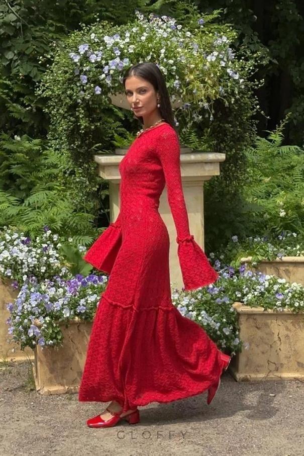 Anna Yuvarlak Yaka Kloş Manşetli Örme Uzun Elbise