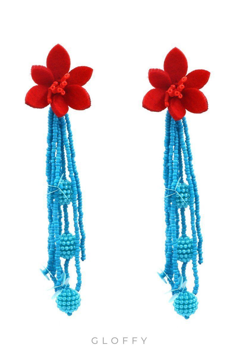 Kontrast Renkli Çiçekli Boncuklu Küpeler