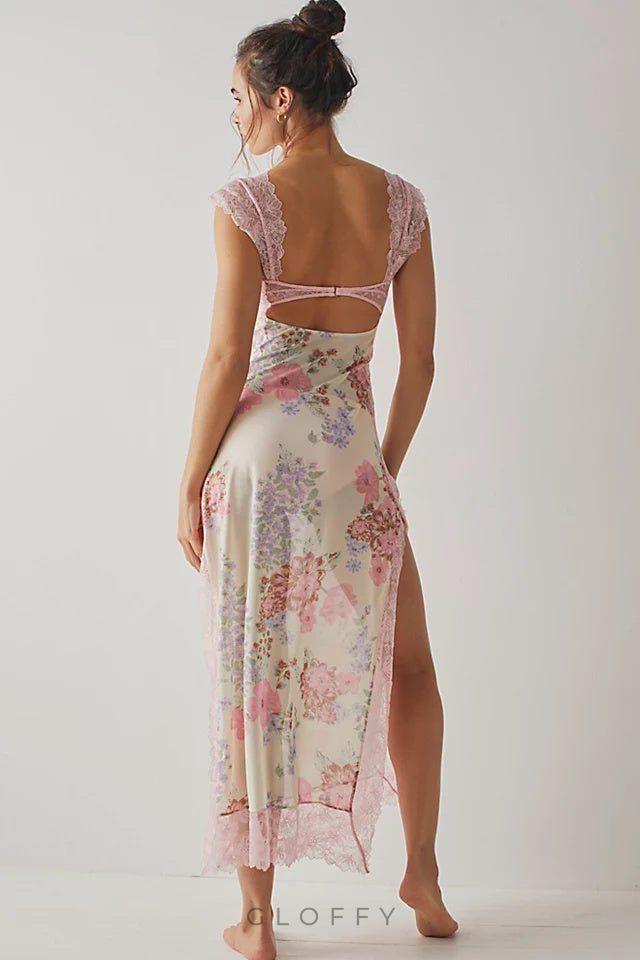 Elma Çiçek Baskılı Kesik File Maxi Slip Elbise