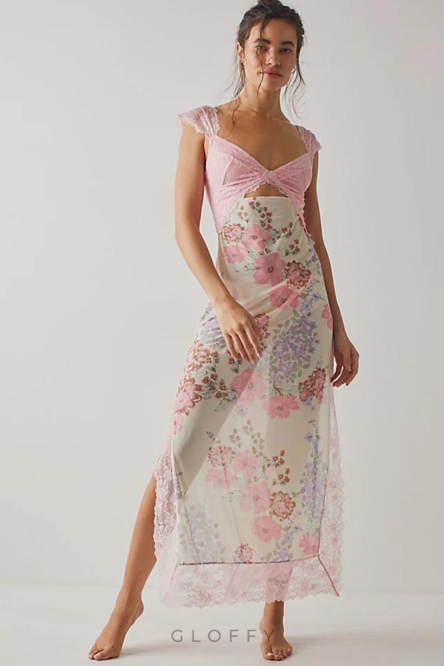 Elma Çiçek Baskılı Kesik File Maxi Slip Elbise