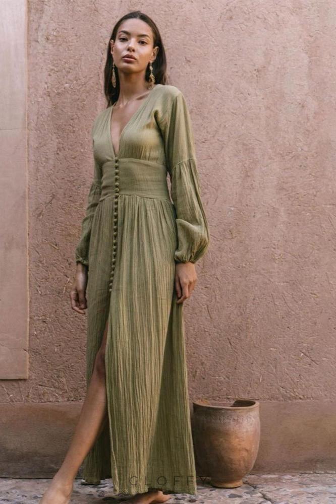 Giselle V yakalı Plisse Maxi Milkmaid Elbise