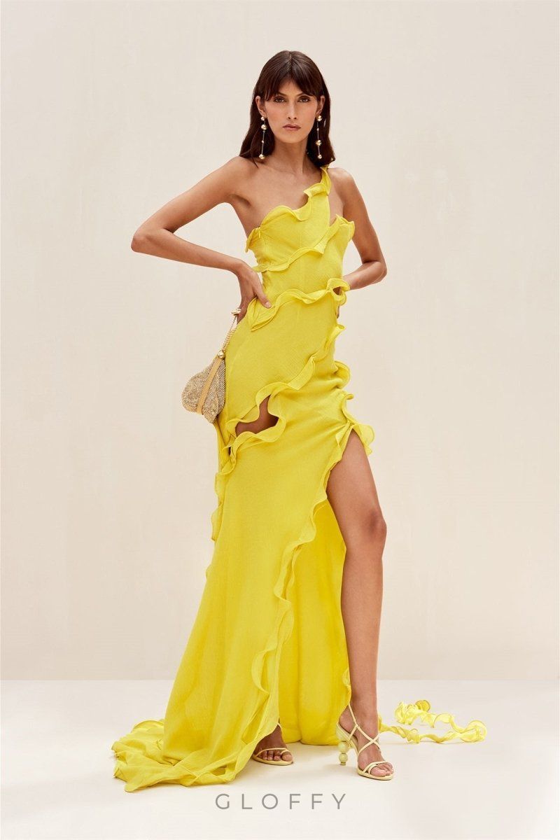 Gloria Tek Omuzlu Volanlı Uzun Şifon Elbise