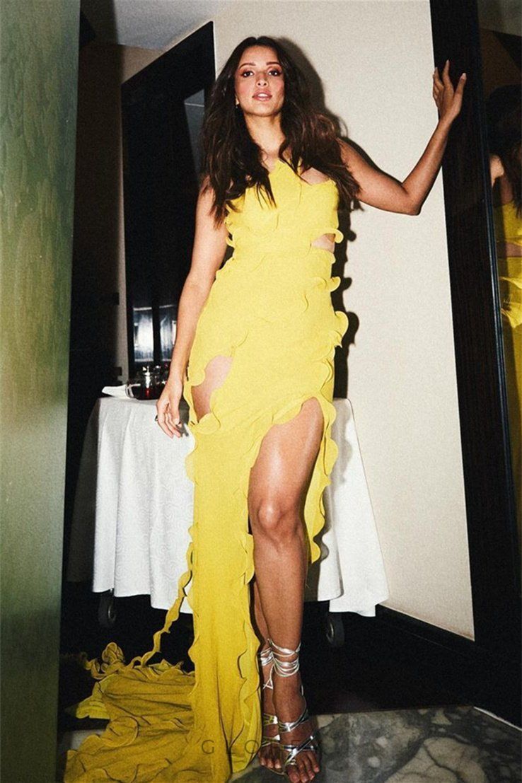 Gloria Tek Omuzlu Volanlı Uzun Şifon Elbise