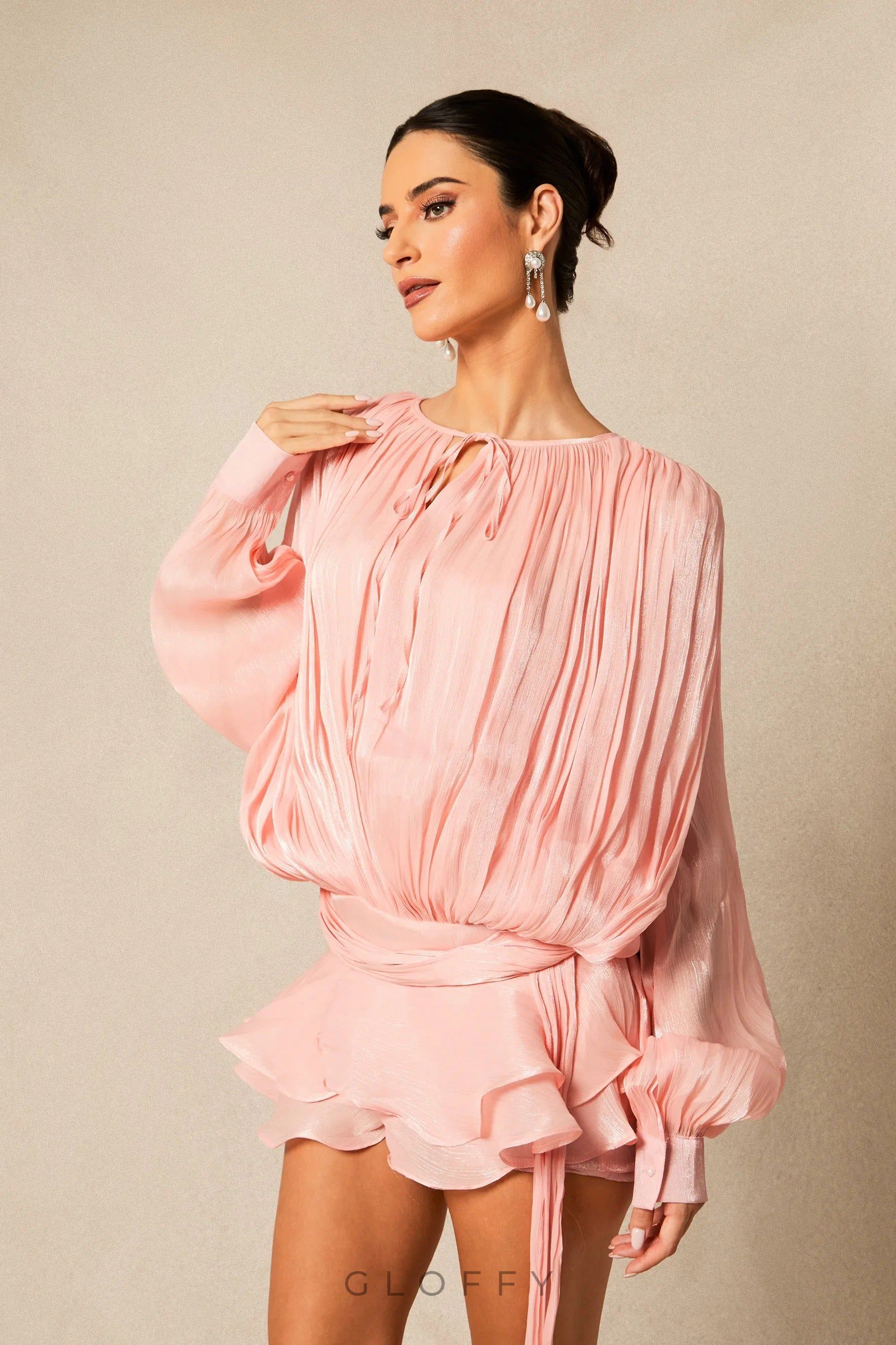 Gloffy Drapeli Volanlı Pileli Mini Elbise