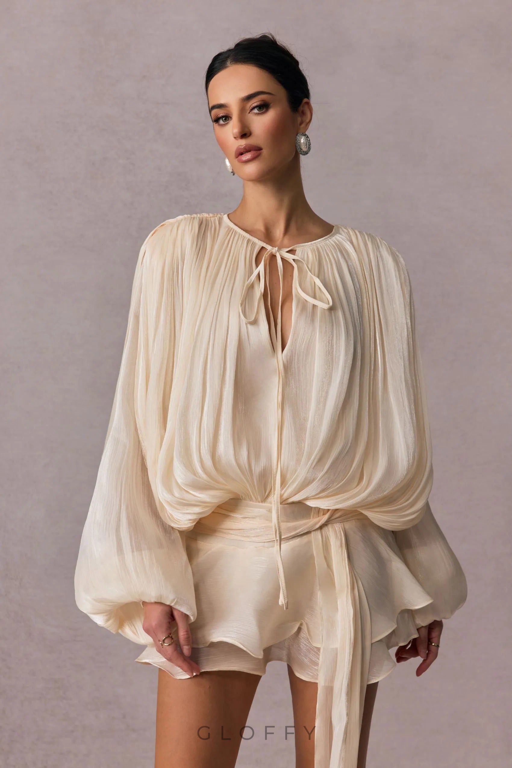 Gloffy Drapeli Volanlı Pileli Mini Elbise