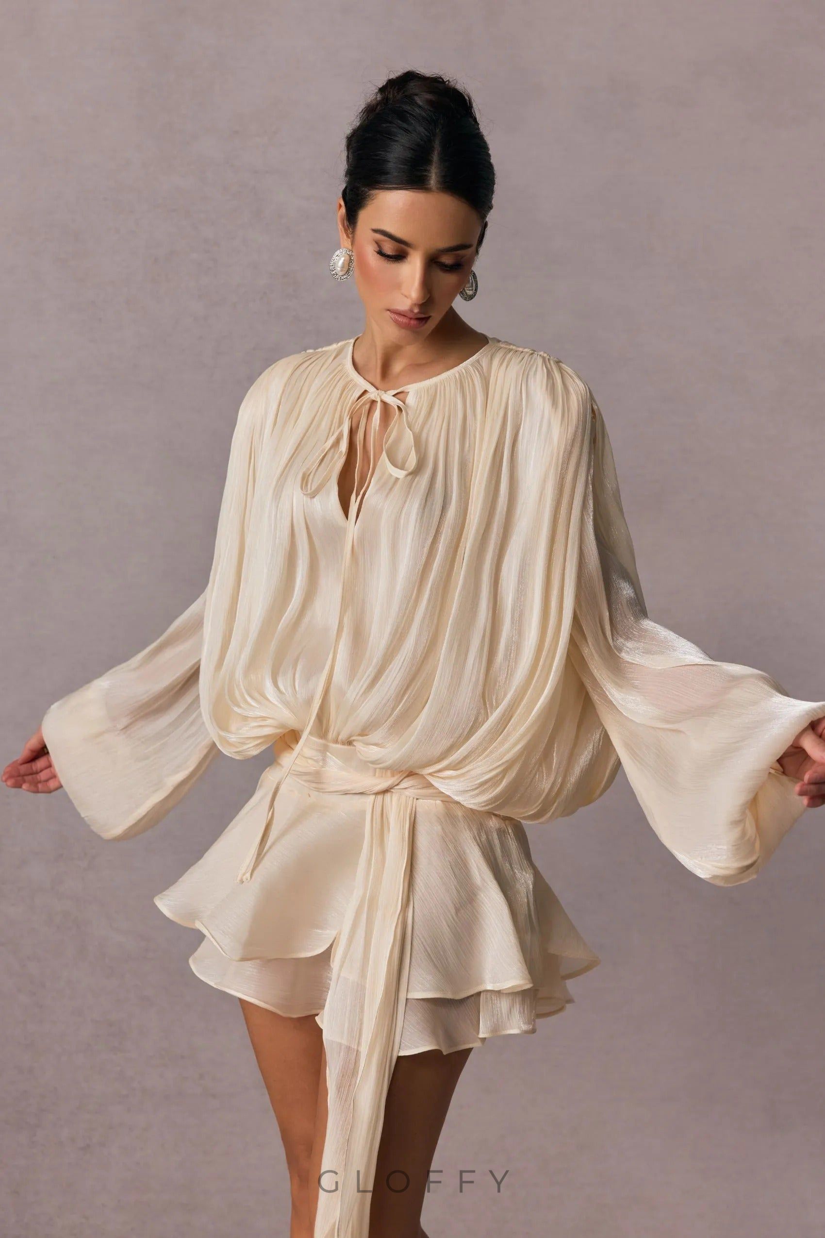 Gloffy Drapeli Volanlı Pileli Mini Elbise