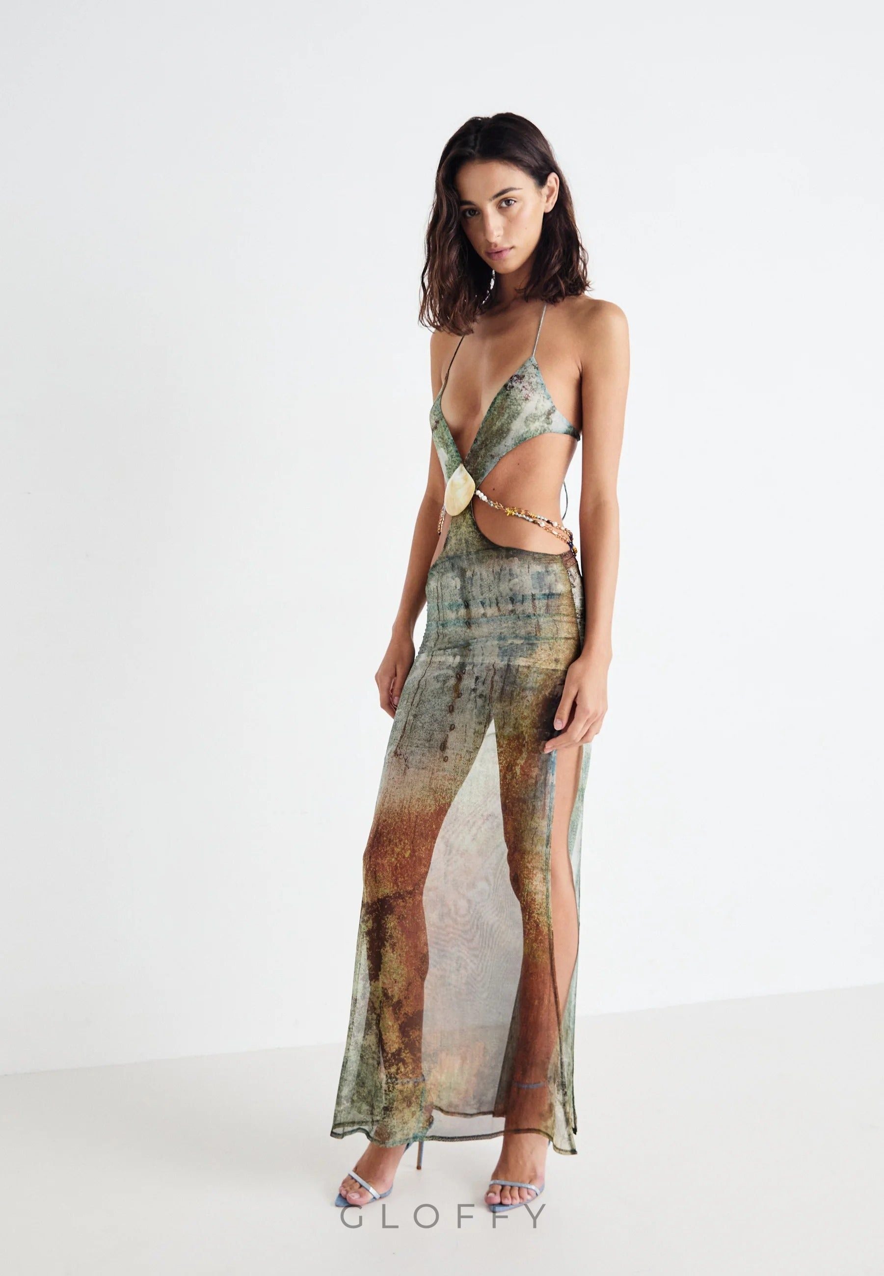 Eve Halter Yaka Kabuk Kesim Maxi File Elbise