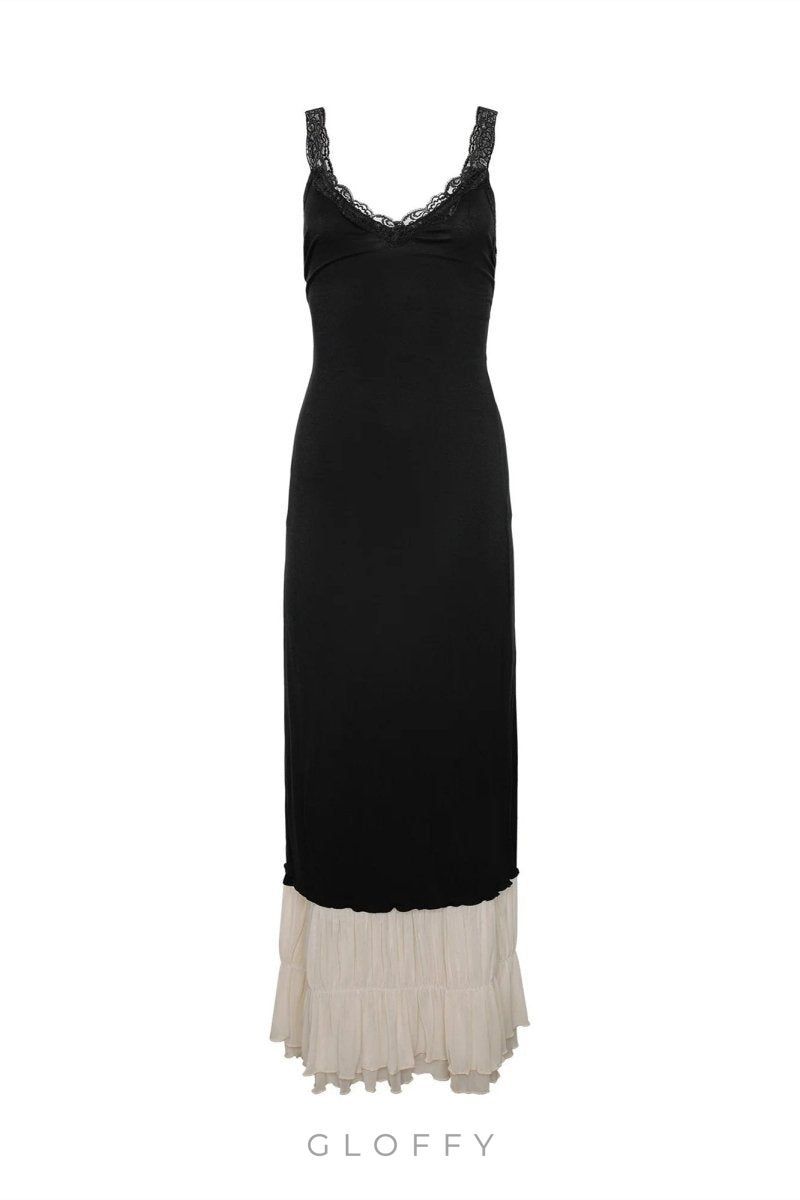 Irene V yakalı dantel süslemeli uzun elbise