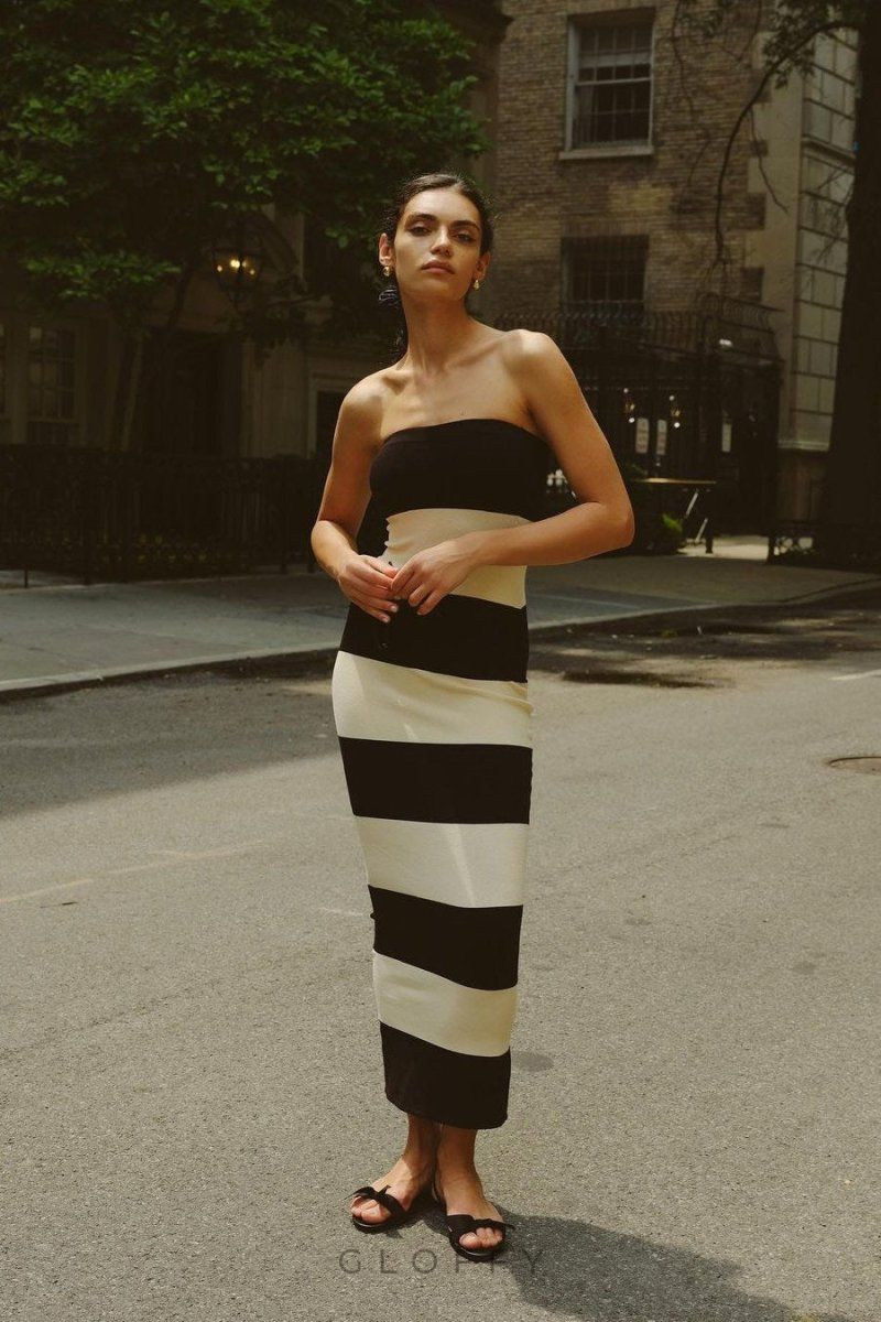 Joanne Straplez Çizgili Midi Örgü Elbise