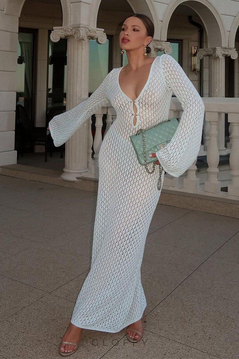 Josie V Yaka Kesikli Örgü Uzun Elbise