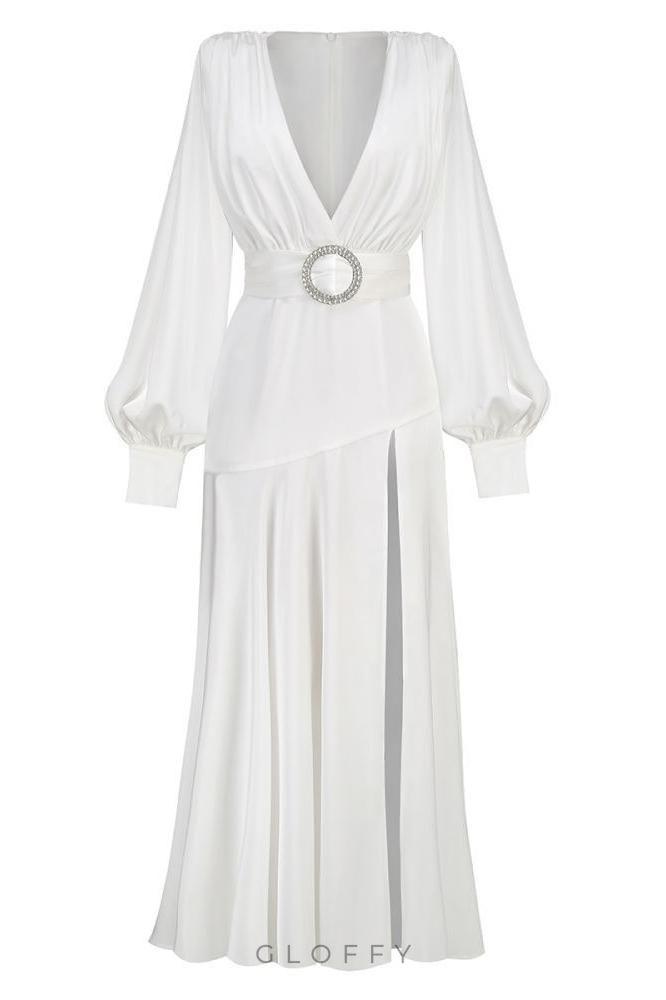 Phoebe V yakalı kemerli yırtmaçlı uzun elbise