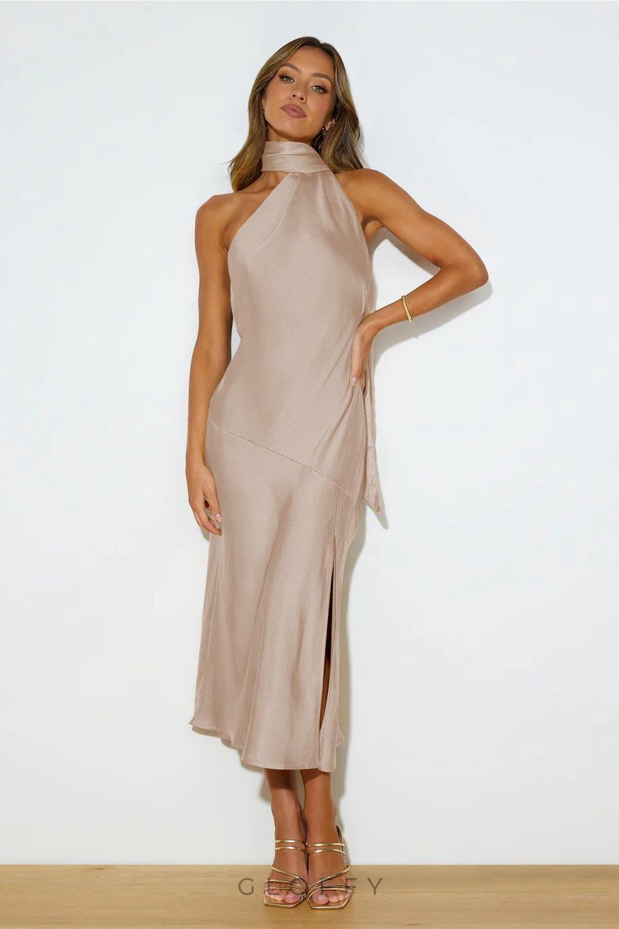 Nad Cowl Halter Yaka Saten Midi Elbise
