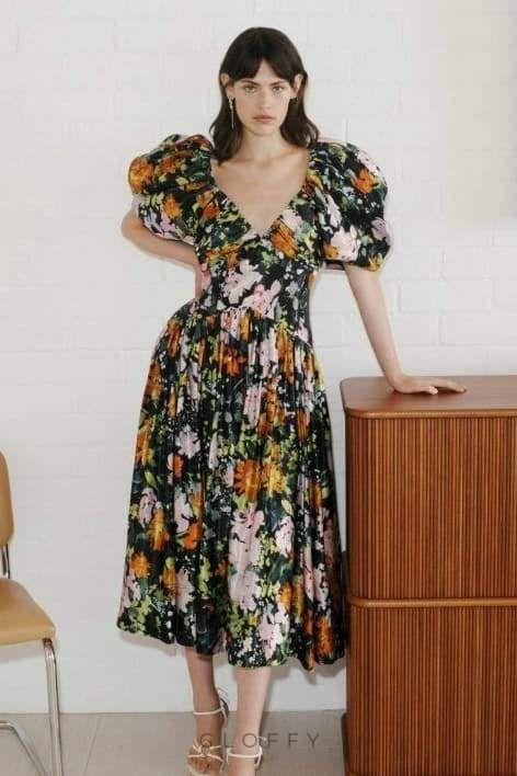 Megan Baskılı V Yaka Puf Kollu Midi Elbise