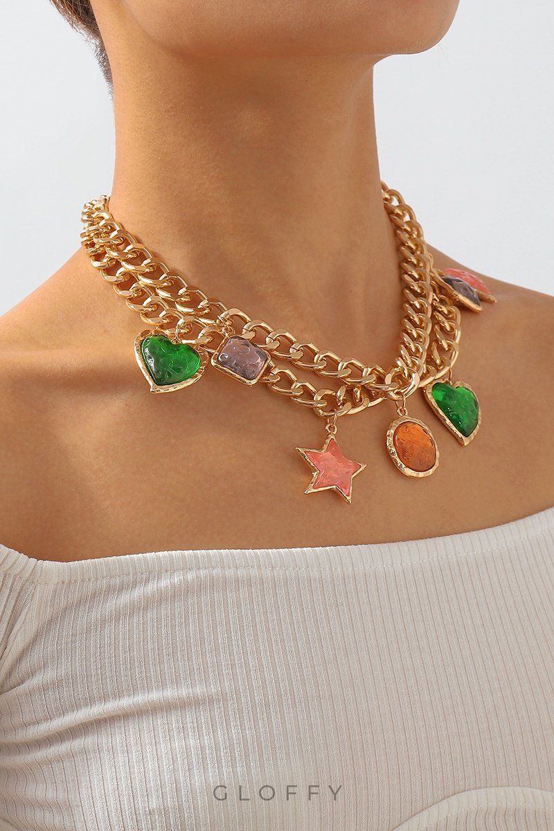 Metalik Vintage Taşlı Kolye