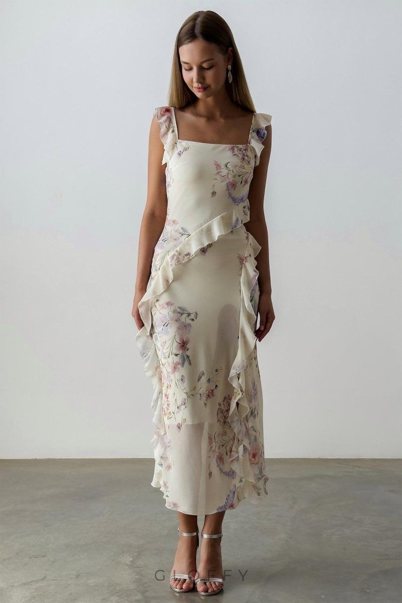 Naomi Çiçekli Askılı Midi Elbise