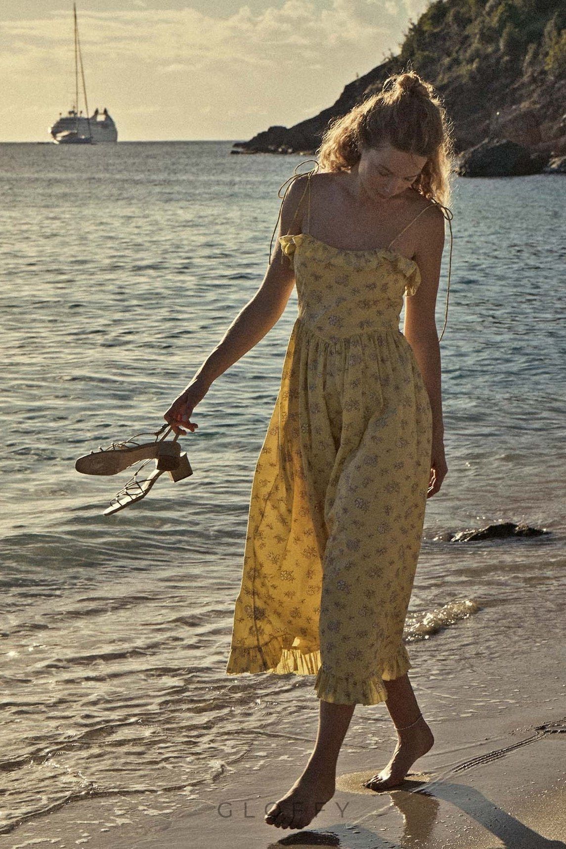 Novia Baskılı Volanlı Kesim Slip Midi Elbise