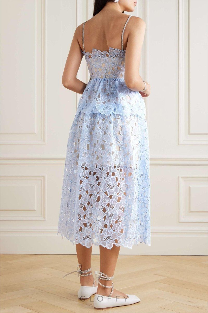 Ophelia Dantel Katmanlı Askılı Midi Elbise