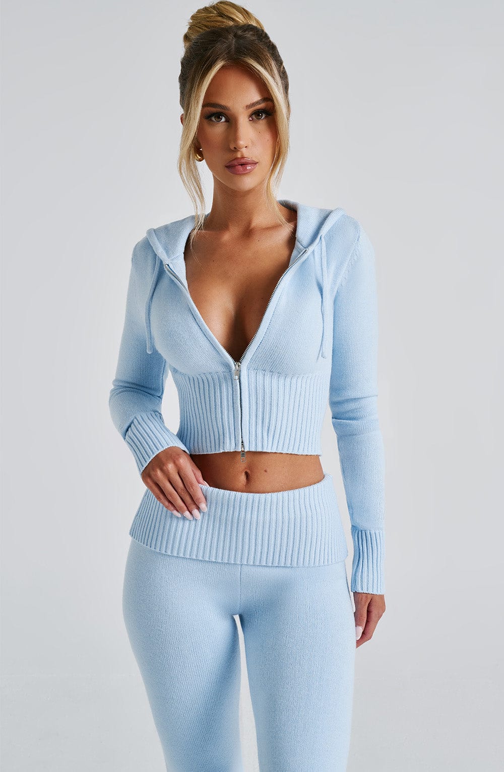 Kapüşonlu Fitilli Crop Hırka – Bebe Mavisi